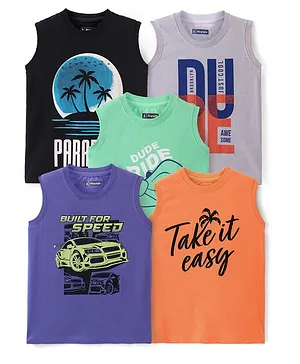 Pine Kids Cotton Sleeveless T-Shirts Tropical & Car Print Pack of 5 - Multicolor