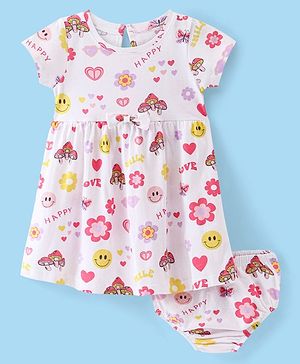 Babyhug Single Jersey Knit Half Sleeves Frock with Bloomer Floral & Heart Print - White