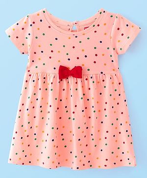 Babyhug 100% Cotton Knit Single Jersey Half Sleeves Frock With Polka Dots Print - Peach