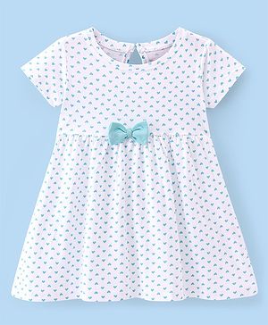 Babyhug 100% Cotton Knit Single Jersey Half Sleeves Frock With Heart Print & Bow Applique - White