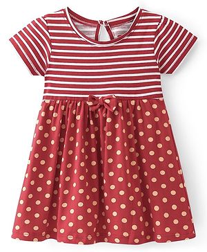 Babyhug 100% Cotton Knit Half Sleeves Frock with Stripes & Polka Dot Print - Red
