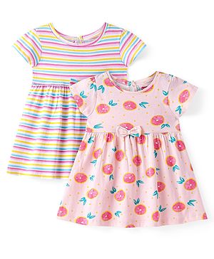 Babyhug Single Jersey Knit Half Sleeves Frock Striped & Fruits Print Pack Of 2 - Multicolour