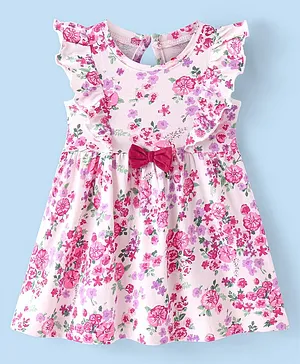 Babyhug 100% Cotton Single Jersey Knit Frill Sleeves Frock With Bow Applique Floral Print - Pink