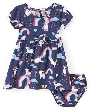 Babyhug Single Jersey Knit Half Sleeves Frock With Bloomer Unicorn Print - Navy Blue