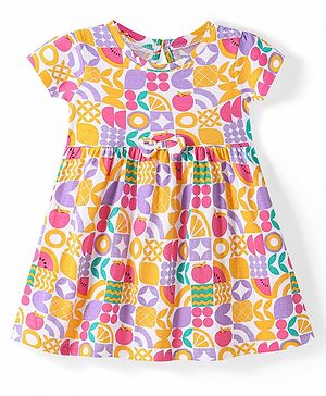 Babyhug Single Jersey Knit Half Sleeves Frock with Apple Print - White