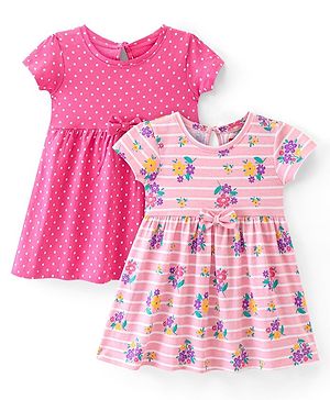 Babyhug Single Jersey Knit Half Sleeves Frock Polka Dot Print Pack of 2 - Multicolor