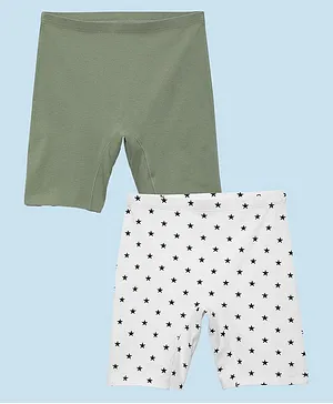 Mackly Pack of 2 Cotton Elastane Solid & Stars Printed Shorts - Olive & White