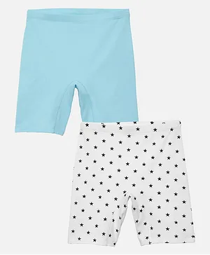 Mackly Pack of 2 Cotton Elastane Solid & Stars Printed Shorts - White & Turquoise Blue