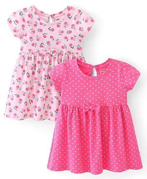 Babyhug Single Jersey Knit Half Sleeves Frock Polka Dot Print Pack Of 2 - Pink