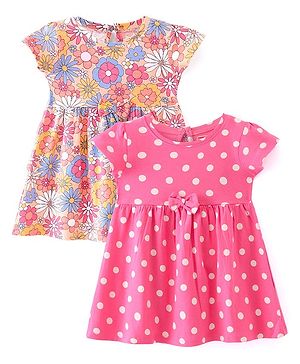 Babyhug 100% Cotton Knit Single Jersey Half Sleeves Frock With Floral & Polka Dots Print Pack Of 2 - Yellow & Pink