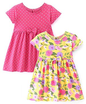 Babyhug Single Jersey Knit Half Sleeves Frocks with Floral Print Bow Applique Pack of 2 - Multicolour
