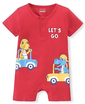 Babyhug 100% Cotton Knit Interlock Half Sleeves Romper With Dino Print - Red