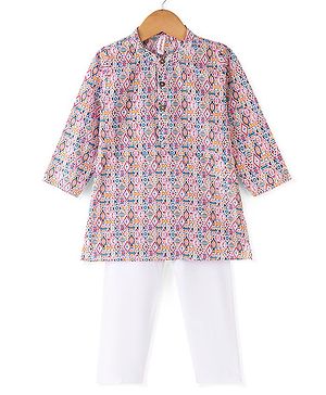 Babyhug 100% Cotton Woven Full Sleeves Kurta & Pyjama Set With Ikat Print - Multicolour