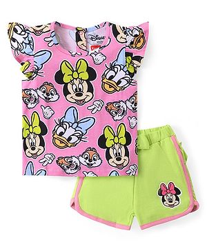 Babyhug Disney Cotton Knit Frill Sleeves T-Shirt & Shorts Set With Minnie Mouse Graphics - Pink & Green