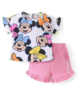 Babyhug Disney Cotton Knit Half Sleeves Frill Detailing T-Shirt Minnie Mouse Print & Shorts - White & Pink