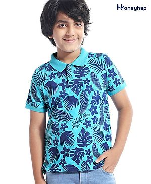 Honeyhap Premium 100% Cotton Single Jersey T-Shirt With Bio Finish Floral & Leaf Print - Blue