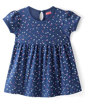 Babyhug 100% Cotton Knit Half Sleeves Frock With Floral Print- Navy Blue