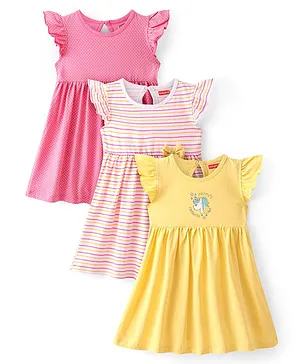 Babyhug 100% Cotton Single Jersey Knit Frill Sleeves Frock Stripes & Polka Dot Print Pack Of 3 - Pink White & Yellow