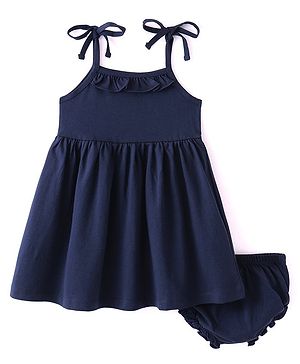 Babyhug 100% Cotton Single Jersey Knit Sleeveless Singlet Frock With Bloomer Solid Colour - Navy Blue