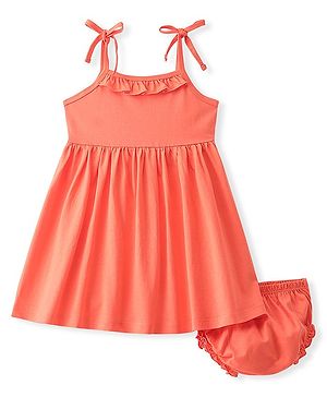 Babyhug 100% Cotton Single Jersey Knit Sleeveless Solid Color Frock With Bloomer - Orange