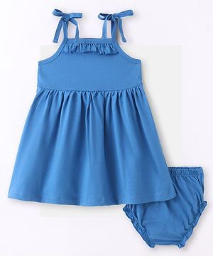 Babyhug Single Jersey Knit Sleeveless Solid Color Frock with Bloomer-Blue