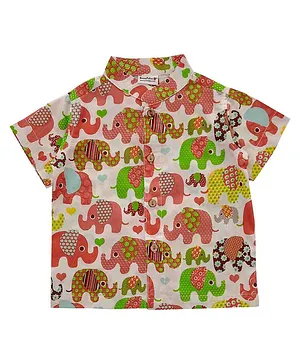 Snowflakes Half Sleeves Baby Elephant Printed Shirt - White & Red