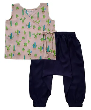 Snowflakes Sleeveless Cactus Printed Jhabla  With Harem Pant Set - Pink & Navy Blue