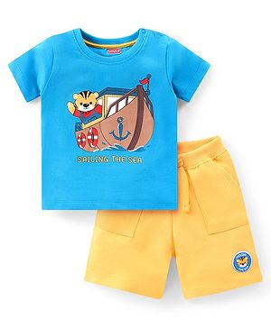Babyhug Cotton Knit Half Sleeves Bear Printed T-Shirt & Short Set - Blue & Orange