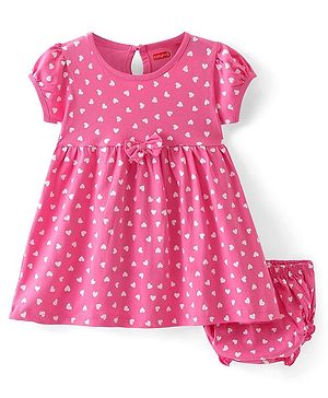 Babyhug Single Jersey Knit Half Sleeves Heart Print Frock With Bloomer - Pink