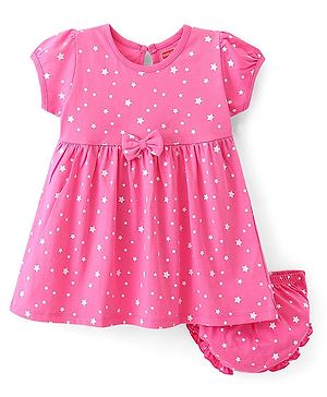 Babyhug 100% Cotton Knit Half Sleeves Frock Star Print with Bow Applique & Bloomer - Pink