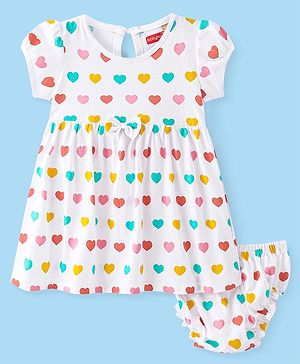 Babyhug Single Jersey Half Sleeves Frock with Bloomer & Bow Hearts Print - White
