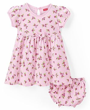 Babyhug Cotton Single Jersey Knit Half Sleeves Floral Print Frock with Blooomer-Pink