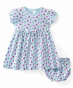 Babyhug Single Jersey Knit Half Sleeves Floral Printed Frock with Bloomer - Blue