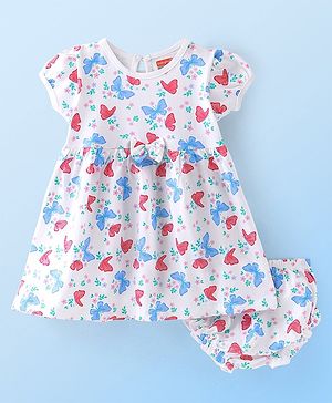 Babyhug Single Jersey Half Sleeves Frock with Bloomer Floral & Butterfly Print - White