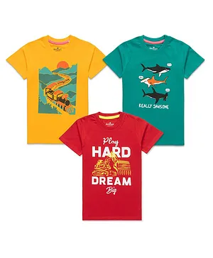 JusCubs Pack Of 3 Half Sleeves Fish Train & Dream Text Printed Tees - Yellow Green & Red