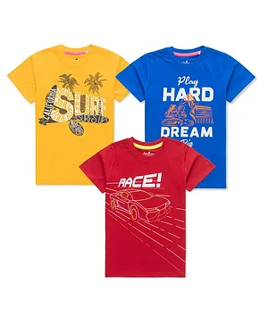 JusCubs Pack Of 3 Half Sleeves Race & Hard Dream Text Printed Tees - Yellow Royal Blue & Red
