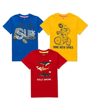 JusCubs Pack Of 3 Half Sleeves Surf Text Space Theme & Fish Printed Tees - Red Royal Blue & Yellow