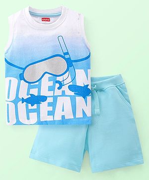 Babyhug 100% Cotton Knit Single Jersey Sleeveless T-Shirt & Shorts Ocean Print - White & Blue