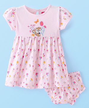 Babyhug Single Jersey Knit Half Sleeves Frock & Bloomer With Squirrel & Floral Print - Pink