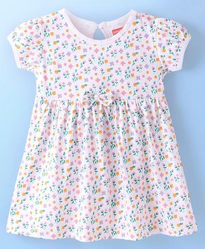 Babyhug Single Jersey Knit Half Sleeves Floral Printed Frock With Bloomer - White