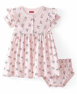 Babyhug Single Jersey Knit Half Sleeves with Frill Detailing Frock with Bloomer Floral Print - Pink