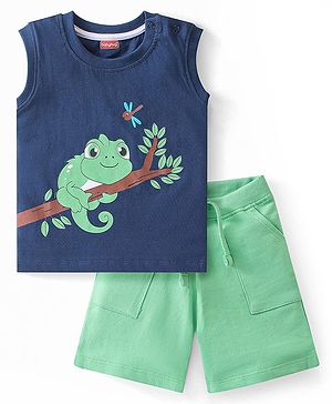 Babyhug Single Jersey Knit Sleeveless T-Shirt and Shorts Set Chameleon Print - Navy Blue & Green