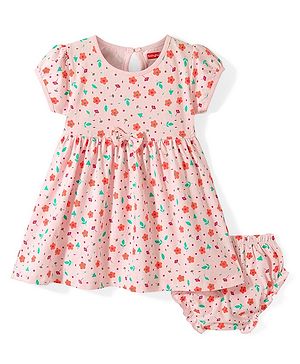 Babyhug Cotton Knit Half Sleeves Frock with Bloomer Floral Print - Pink
