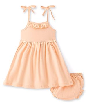 Babyhug Single Jersey Knit Sleeveless Solid Frock with Bloomer - Peach