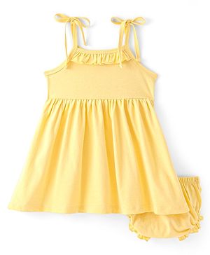 Babyhug Single Jersey Knit Sleeveless Frock with Bloomer Frill Detailing Solid Colour - Yellow