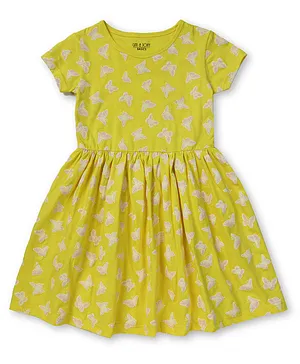 GINI & JONY Knitted Half Sleeves Butterfly Printed Dress - Yellow