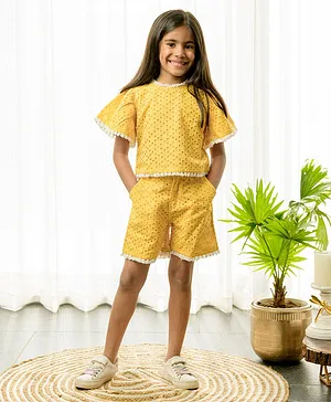 Fairies Forever Cotton Half Sleeves Schifli Embroidered Coordinating Top & Shorts - Yellow