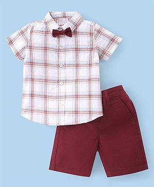 Babyhug Cotton Woven Half Sleeves Checks Shirt & Solid Colour Shorts with Bow - Maroon