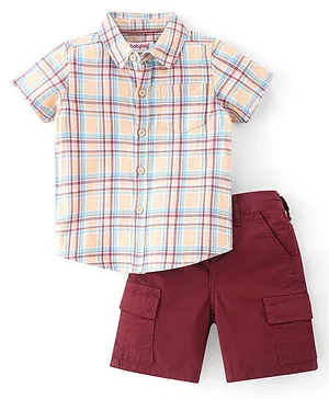 Babyhug Cotton Woven Half Sleeves Checks Shirt & Solid Colour Shorts Set - Maroon