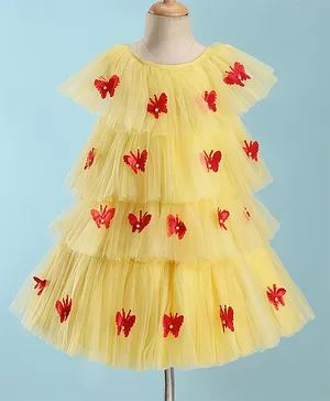 Enfance Sleeveless Butterfly Applique Detailed Layered Dress - Lemon Yellow